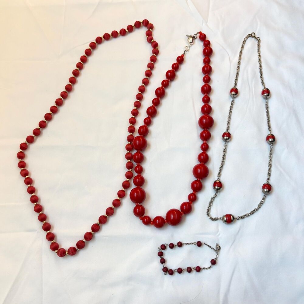Vintage Red Necklace Lot, Retro Beaded Jewelry Collection, Mod Boho Y2K Bundle